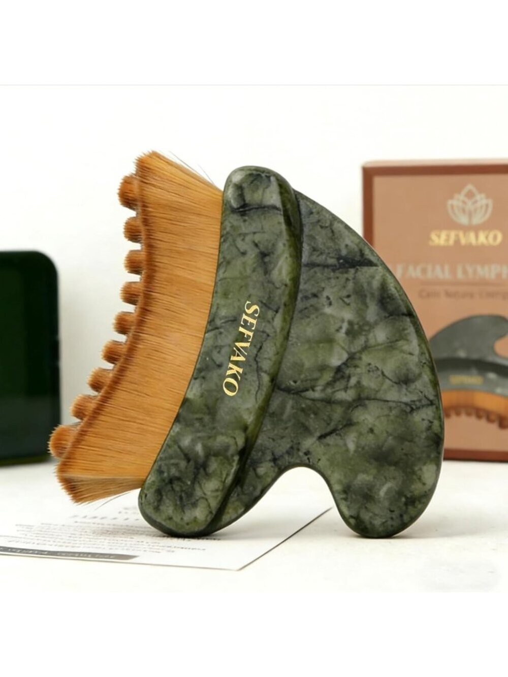 Dual-Ended Lymphatic Face Brush & Jade Gua Sha Tool for Sculpting & Relaxation